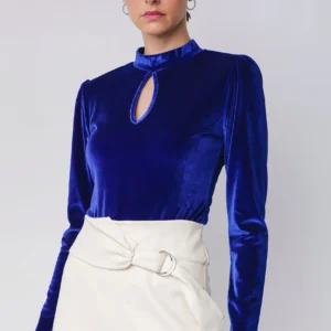 BODY MANGA LONGA VELUDO AZUL