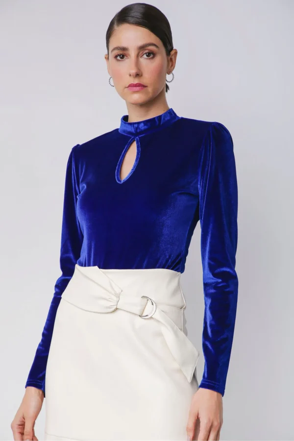 BODY MANGA LONGA VELUDO AZUL