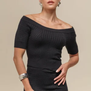 BLUSA TRICÔ TRANÇADO OMBRO A OMBRO PRETO