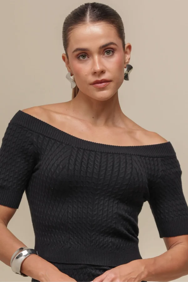 BLUSA TRICÔ TRANÇADO OMBRO A OMBRO PRETO - Imagem 2