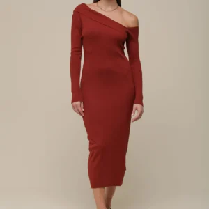 VESTIDO TRICÔ MIDI ASSIMÉTRICO FERRUGEM
