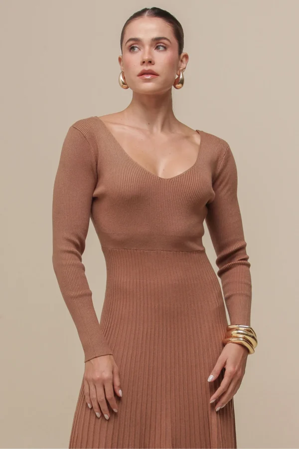 VESTIDO TRICÔ MIDI DECOTE V CARAMELO - Imagem 2