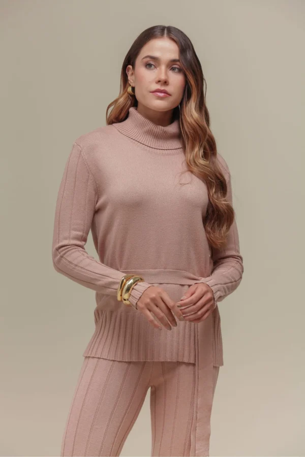 BLUSA DE TRICÔ AMARRAÇÃO GOLA ALTA BEGE