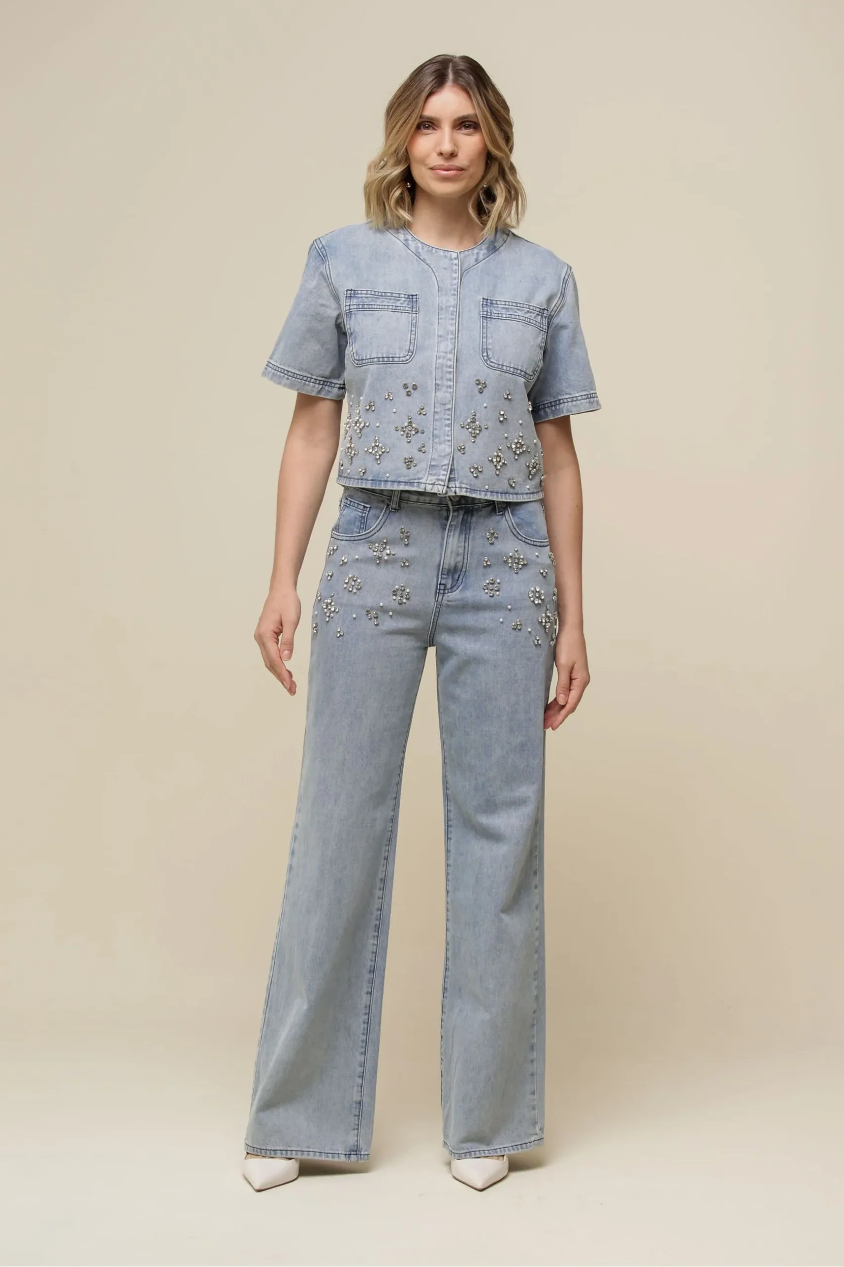 Calça Jeans Reta Bordada JEANS