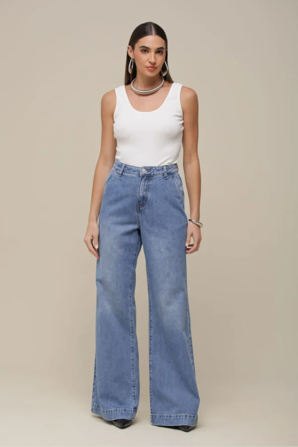 Calça Jeans Reta Detalhe Barra Larga JEANS