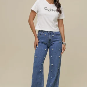 Calça Reta Bordada JEANS