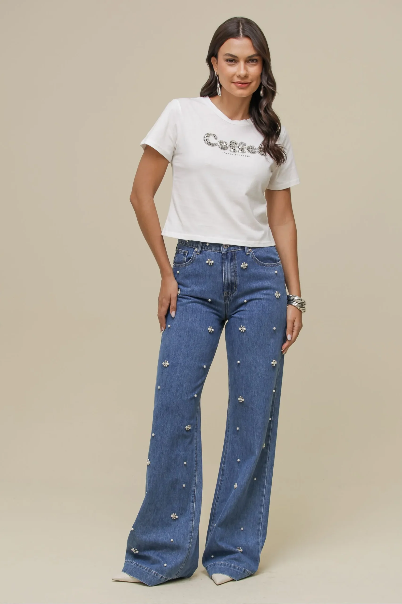 Calça Reta Bordada JEANS
